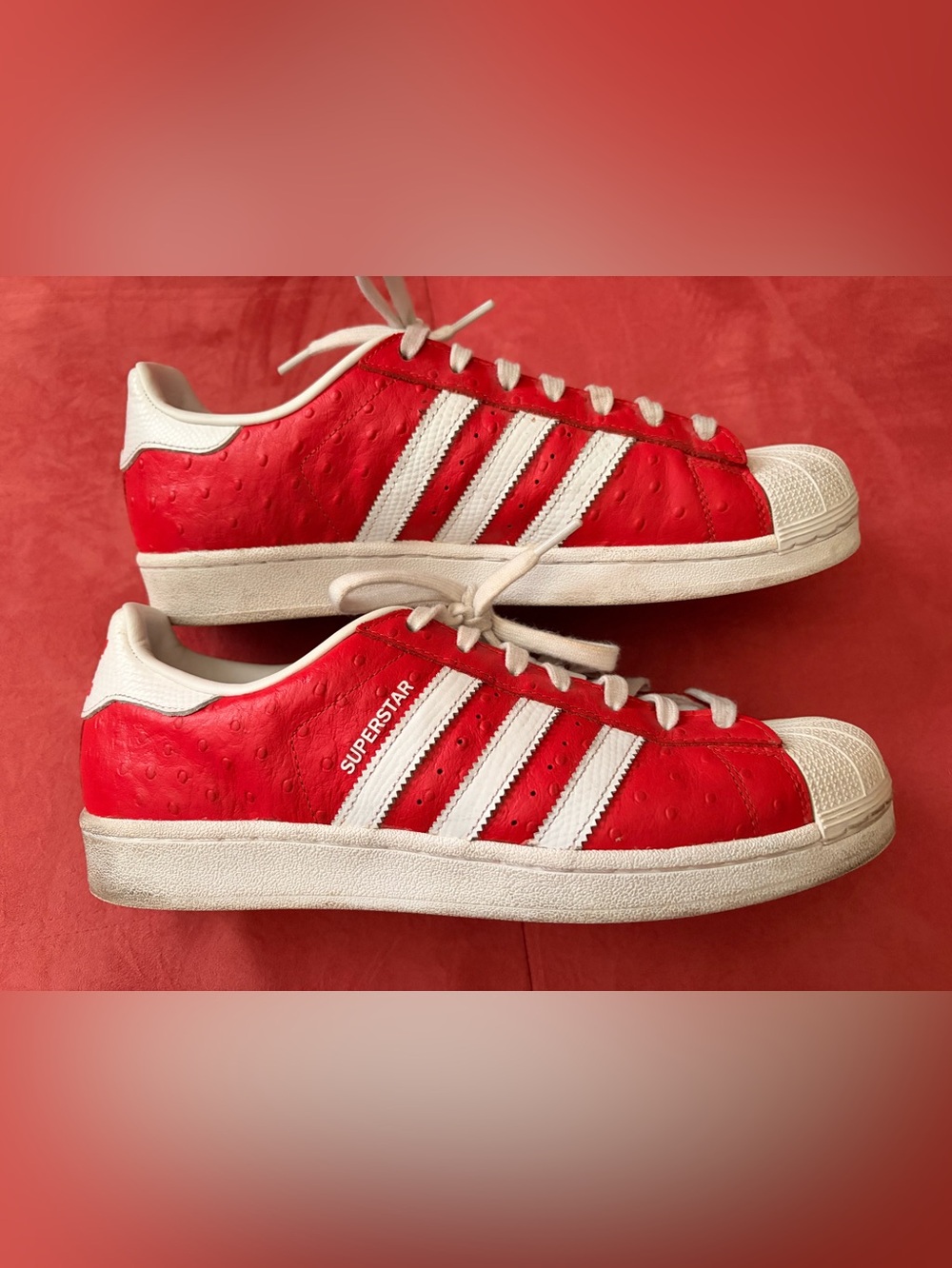 adidas Superstar Ostrich La marque aux Shell Toe Sneakers in Red and White 10.5